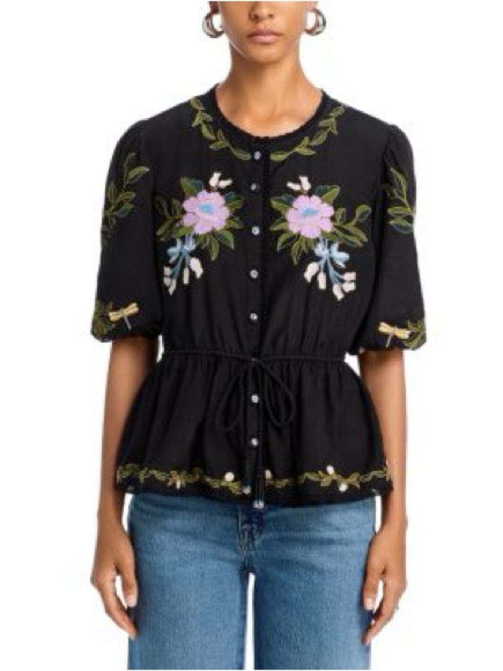 Winter Garden embroidered Black Blouse with Floral Embroidery